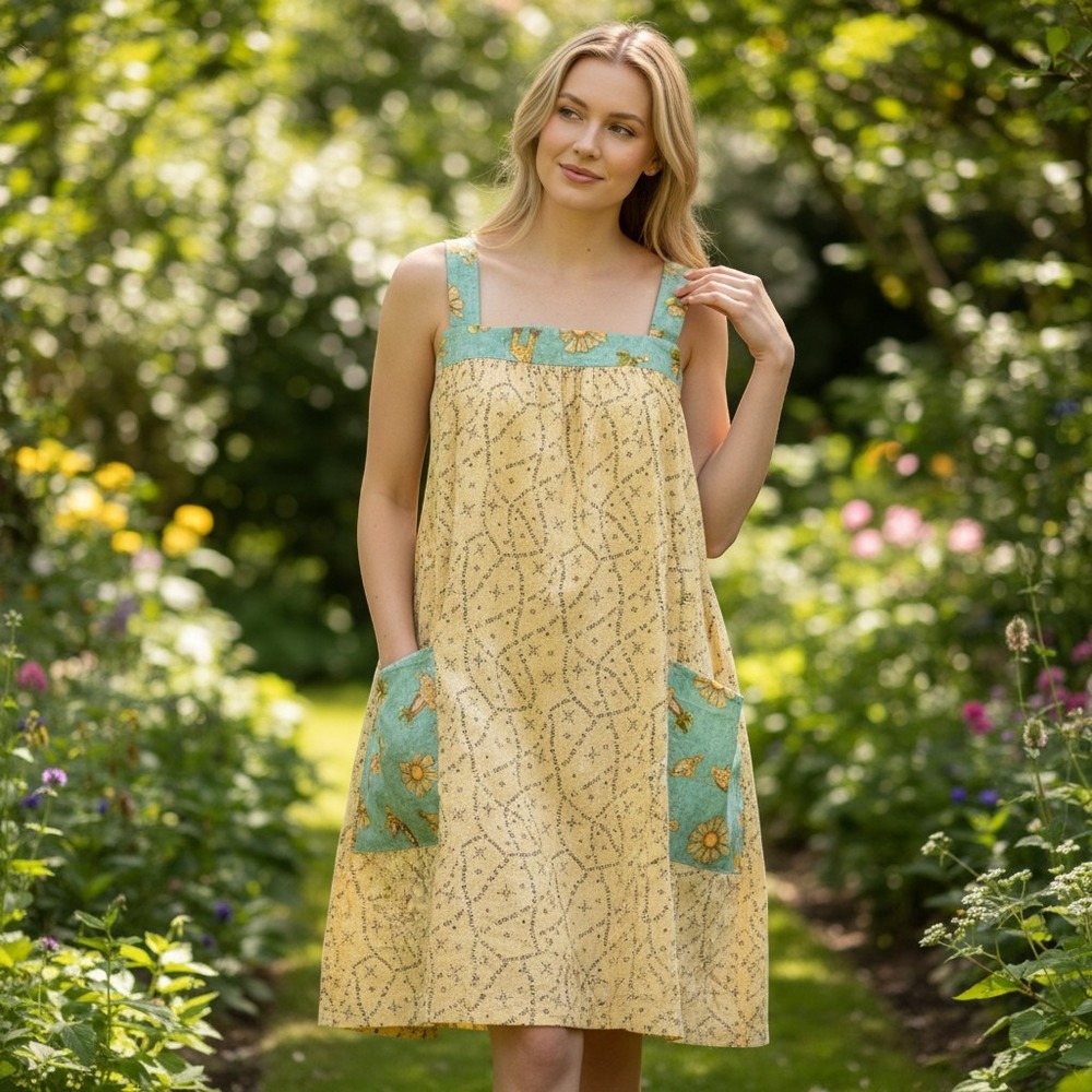 Noahs Ark All Creatures Great and Small Pinafore Apron Dress Yellow Teal Novelty